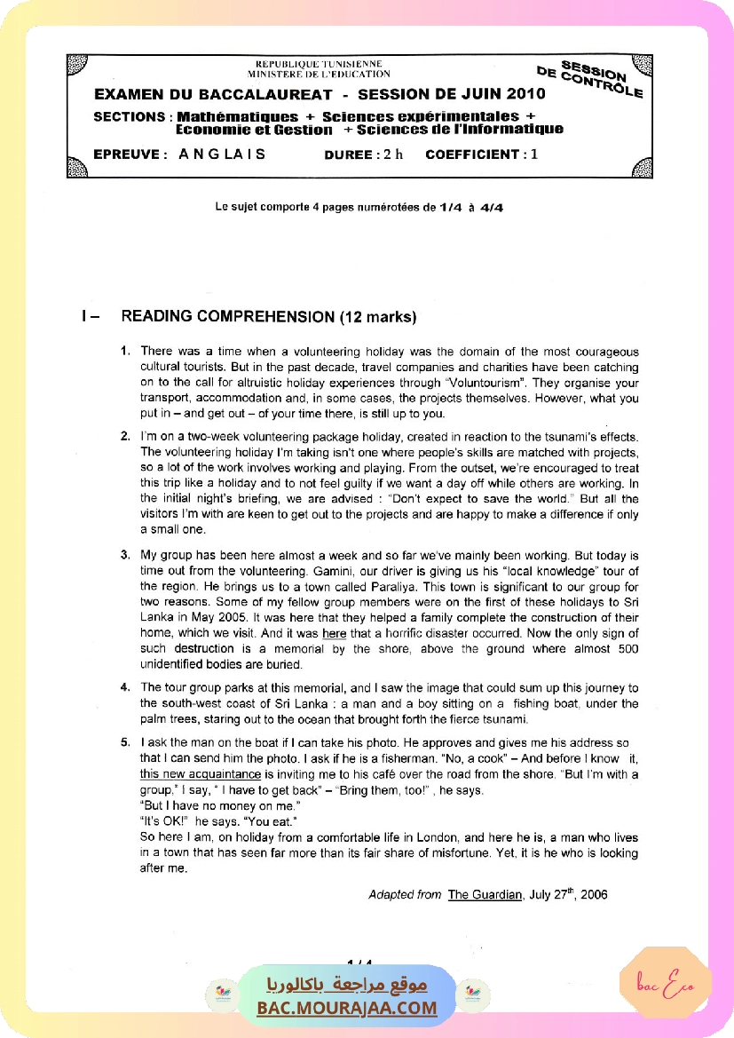 Sujet controle anglais Bac 2010 – Section eco